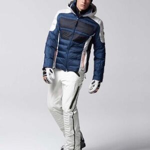 Bogner Sport Men’s ski down technical fitted jacket blue white snowboarding L Xl